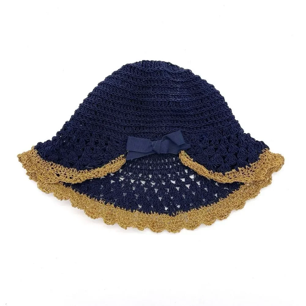 Vintage 1930s Navy Crochet Cloche Hat Gold Lace Trim Ribbon Bow Women’s One Size - Picture 12 of 14